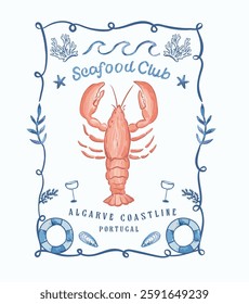 Lobster seafood vintage vector design, Algarve Portugal coastline vacation watercolor vector art for t shirt, poster, wall art, 