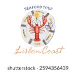 Lobster seafood watercolor vector art, Lisbon Portugal seafood tour vector artwork fir t shirt, poster, graphic print, Lobster on plate with lemon drawing