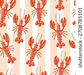 Lobster Seamless Pattern with Beige and White Stripes Hand Drawn Vector Design for Nautical and Coastal Inspired Prints. 