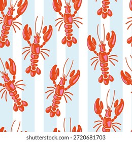 Patrón de langosta sin fisuras con rayas azules y blancas. Diseño de mariscos mediterráneos dibujado a mano en estilo nativo, ideal para la decoración de la cocina costera o textiles de verano.