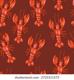 Patrón de langosta sin fisuras en estilo ingenuo dibujado a mano. Diseño de mariscos mediterráneos con cangrejos de río rojos sobre fondo oscuro, perfecto para tela, decoración de cocina o papel de regalo.