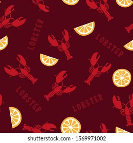Lobster seamless pattern. Healthy sea food, homarus with claws and fresh citrus fruit vector images placed  on dark red background. Repeat design to make wrapping or marine restaurant wallpaper.