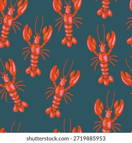 Hummer nahtloses Muster auf dunklem Teal-Hintergrund. Handgezeichnetes mediterranes Meeresfrüchte-Design im naiven, unvollkommenen Stil, ideal für Küstentextilien oder kühne Sommerabdrücke.
