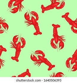 Lobster seamless pattern on a green background. Vector graphics.