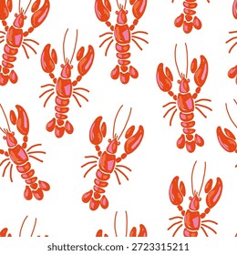 Patrón de langosta sin fisuras sobre fondo blanco. Diseño de mariscos mediterráneos dibujado a mano en un estilo nativo imperfecto, perfecto para la decoración de la cocina de verano o papel de regalo.