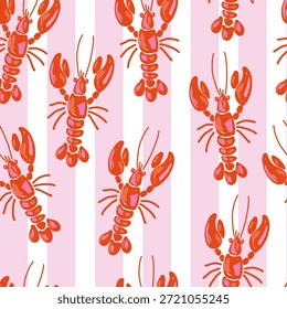 Patrón de langosta sin costuras con rayas rosas y blancas. Diseño de marisco mediterráneo dibujado a mano en estilo nativo, ideal para la decoración de la cocina de verano o estampados textiles juguetones.