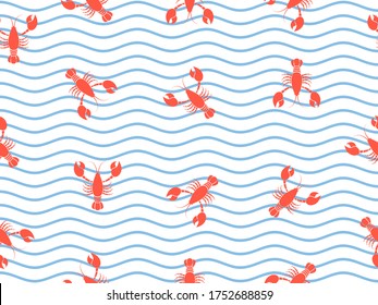 Lobster seamless pattern sea wave background. Seafood vector illustration.