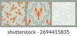 Lobster Seamless Pattern Set with Seaweed and coral on Green Background. Whimsical Vintage coastal print with retro seafood illustration and ocean life. Perfect for marine designs, seaside decor