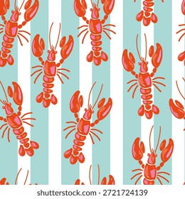 Patrón de langosta sin fisuras con rayas turquesas y blancas. Diseño de mariscos mediterráneos dibujado a mano en estilo nativo, perfecto para textiles costeros de verano o decoración de cocina.