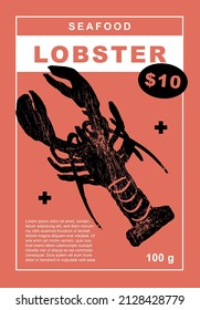 Lobster. Set of posters of fishes and seafood in a abstract draw design. Label or poster, price tag. Simple, flat design. Patterns and backgrounds. Perfect for poster, cover, banner.