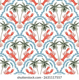 Lobster, shell, palm tree, sardine fish seamless pattern, blue arch background. Summer sea wallpaper.	