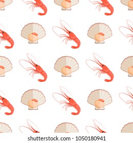 Lobster and shell seamless pattern, collection of icons of lobster and shellfish with meat, mollusk vector illustration isolated on white background