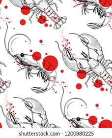 Lobster and shrimp pattern. Seafood. Vector illustration. Isolated image on white background. Vintage style.