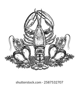 Lobster with shrimps, mussels and greens is a vector illustration made by hand. Black and white image of seafood. Separate from the background. Suitable for menus, recipe books, packages, labels.