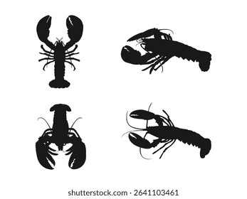 lobster silhouette. Black Lobster Silhouettes Showcase Fresh Seafood for Culinary Design. Simple illustration of lobster delicacy vector icon for web design isolated on white background.