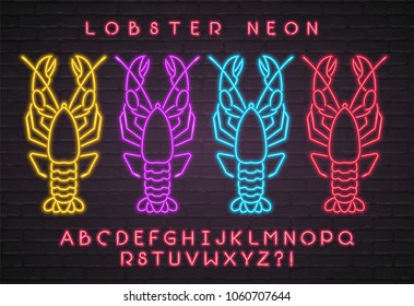 Lobster Silhouette Different Colour Version Neon Light Glowing Vector with Dark Background