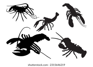 lobster silhouette set collection isolated black on white background vector illustration