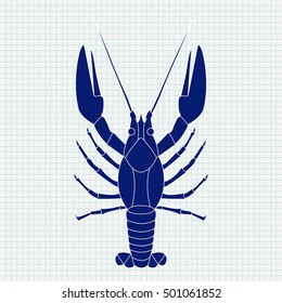 Lobster. Sketch. Blue vector illustration on notebook sheet background