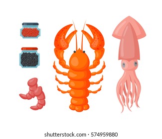 Lobster and squid vector flat illustration.
