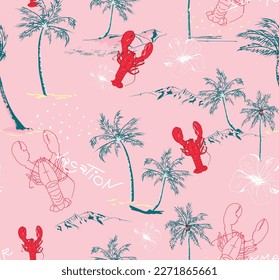 Lobster Summer Beach Tropical Palm Island Hand Draw Vector ilustración Patrón sin costura sobre fondo azul turquesa Fondo de pantalla 