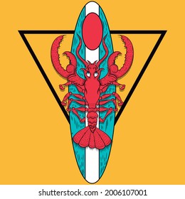 Lobster with surfboard for fashion design and yellow background