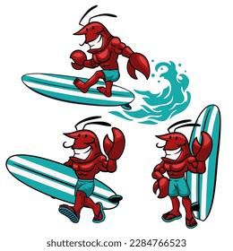 Lobster Surfer Mascot Cartoon Character set