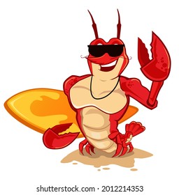 lobster surfer mascot cartoon in vector