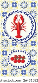 Lobster and tomatoes on decorative ceramic plates vector art. Mediterranean seafood and vegetables illustration with floral tiles. Red lobster and cherry tomatoes on patterned background