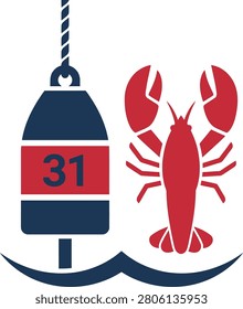 Lobster trap buoy and lobster illustration, symbolizing fishing industry and marine life