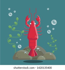 Lobster under the sea. A cute cartoon lobster characte underwater. Flat design illustration