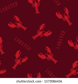 Lobster vector clipart and text arranged as seamless pattern. Dark burgundy red and crimson wrapping paper design for sea food market or restaurant.