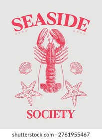 Lobster vector Graphic with Nautical Elements and Distressed Texture Seaside Society