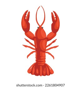 Lobster vector illustration. Cartoon isolated red crawfish, whole underwater crayfish with claws and tail, sea crustacean animal and exotic luxury lobster meal for delicatessen restaurant menu.