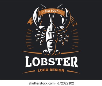 Lobster vector logo illustration. Crustacean in a vintage style on white and dark background.