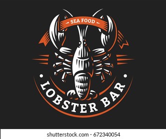 Lobster vector logo illustration. Crustacean in a vintage style on white and dark background.