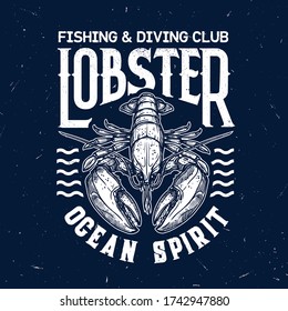 Lobster vector t-shirt print of fishing and diving sport club. Ocean and sea animal of marine crustacean with waves and lettering template design of fisherman and diver custom apparel