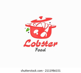 Diseño del logo de la cocina de bogavante y verdura. Mariscos, langosta roja cocinada en un diseño vectorial de pan. Langosta hervida con hongos y logotipo de hojas