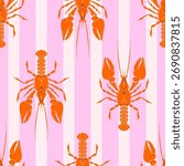 Lobster Whimsical Seamless Pattern on pink striped Background. Vintage coastal print with retro seafood illustration and ocean life. Perfect for marine designs, summer packaging, seaside decor