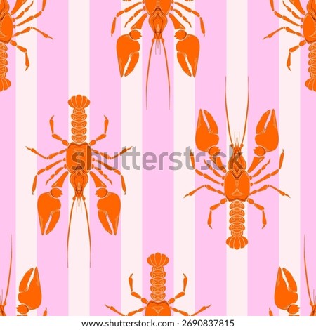 Lobster Whimsical Seamless Pattern on pink striped Background. Vintage coastal print with retro seafood illustration and ocean life. Perfect for marine designs, summer packaging, seaside decor
