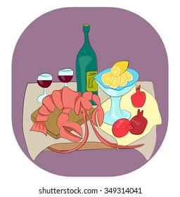 Lobster with wine, lemon and pomegranates still life, enjoy your meal flat vector illustration
