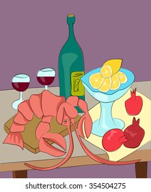 Lobster with wine, lemon and pomegranates still life, enjoy your meal flat vector illustration