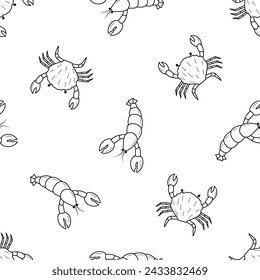 Lobsters and crabs doodle style seamless pattern. Vector illustration of river and marine life. Background delicacies seafood.