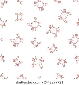 Lobsters and crabs doodle style seamless pattern. Vector illustration of river and marine life. Background delicacies seafood.