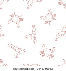 Lobsters and crabs doodle style seamless pattern. Vector illustration of river and marine life. Background delicacies seafood.