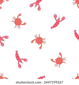 Lobsters and crabs doodle style seamless pattern. Vector illustration of river and marine life. Background delicacies seafood.