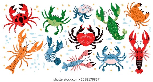 Lobsters and crabs swimming underwater flat color vector icon set. Vibrant seafood scene with marine animals pack on white background