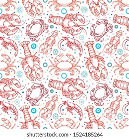 Lobsters, crayfish and shrimp seamless background. Seafood endless pattern. Part of set.