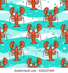 Lobsters with ornaments on the background of turquoise waves. Seamless pattern.