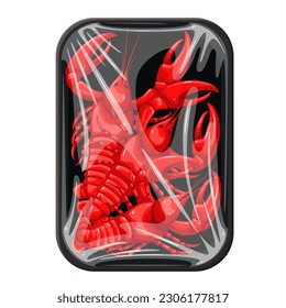 Lobsters in plastic tray vector illustration. Cartoon isolated red crawfishes with claws and tails in rectangle package with clear polythene wrap, fresh luxury langoustine and lobsters in box