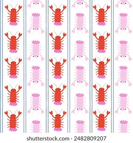 Patrón sin fisuras de langostas en colores rojo y rosa. Vector dibujado a mano ilustración.